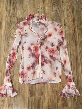 Sheer Pink Floral Ruffle-Sleeve Button-Up Top. Slim medium